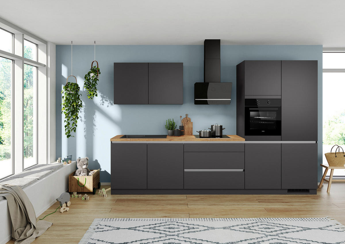 KÜCHENLEERBLOCK 340 cm   in Graphitfarben  - Edelstahlfarben/Eichefarben, Design, Holzwerkstoff/Metall (340cm) - Impuls