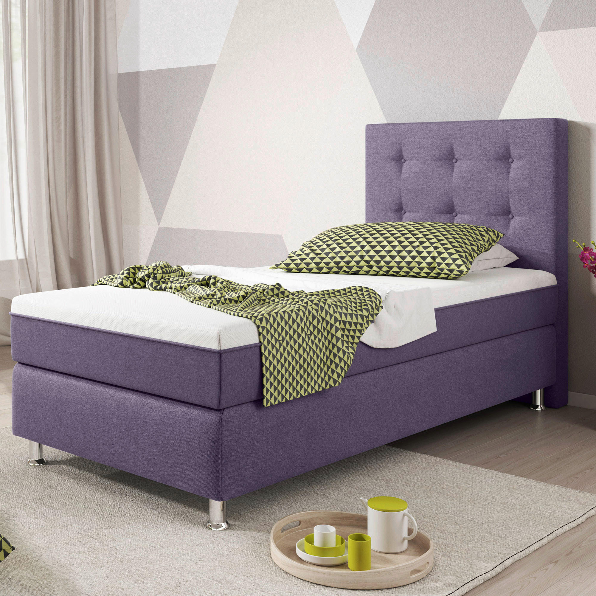BOXSPRINGBETT 90/200 cm  in Lila  - Lila/Silberfarben, KONVENTIONELL, Textil/Metall (90/200cm) - MID.YOU