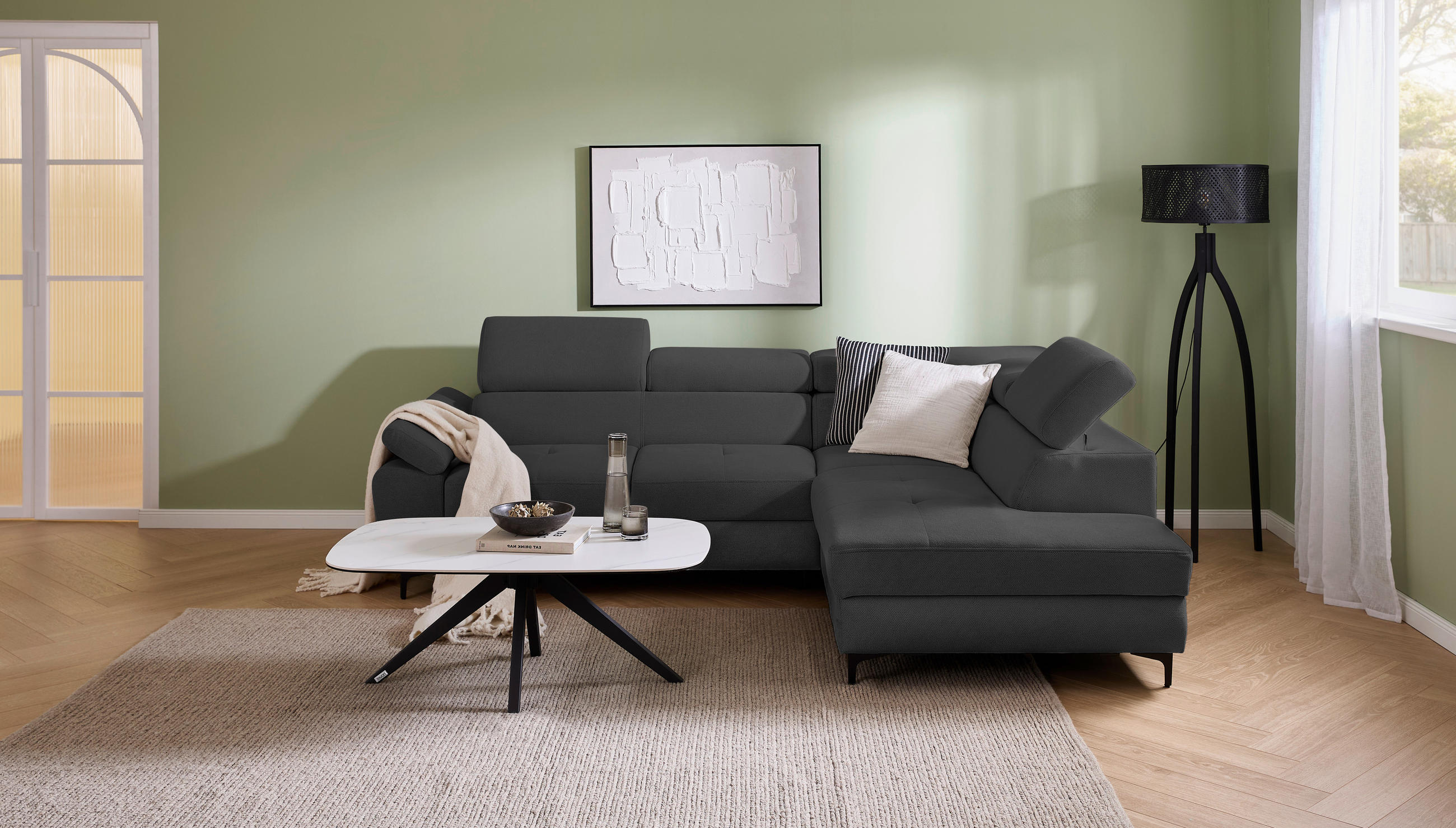 ECKSOFA in Flachgewebe Graphitfarben  - Schwarz/Graphitfarben, Design, Textil/Metall (266/206cm) - Stylife