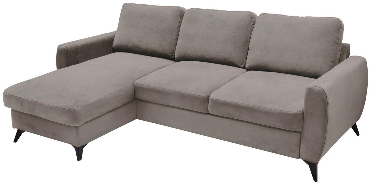 ECKSCHLAFSOFA JEFFREY Mikrovelours Taupe  inkl. Zierkissen, Rückenkissen, Stauraum  - Taupe/Schwarz, KONVENTIONELL, Textil/Metall (230/150cm) - Livetastic