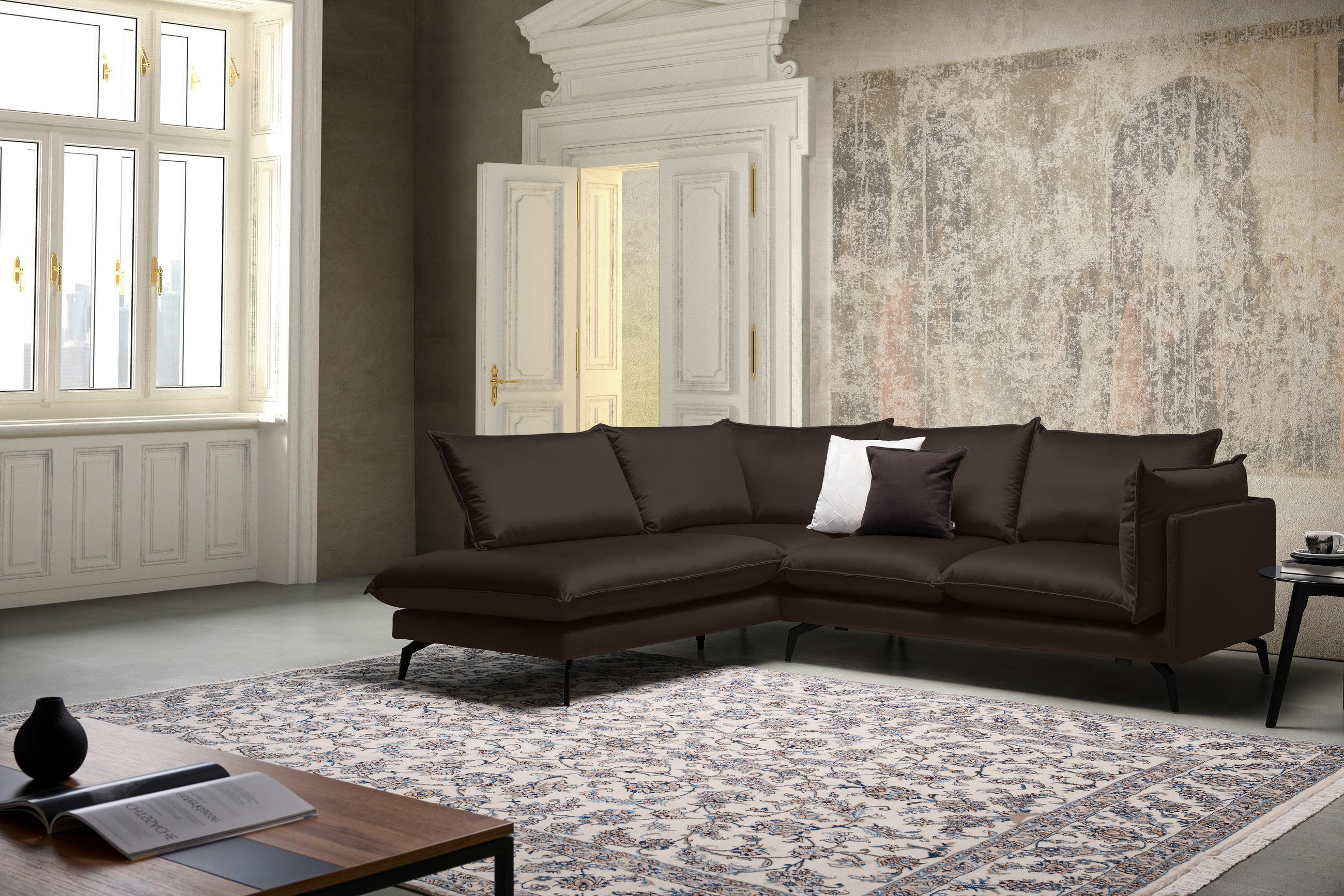 ECKSOFA in Samt Dunkelbraun  - Dunkelbraun/Schwarz, Design, Textil/Metall (200/241cm) - Carryhome