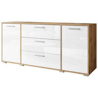 ŠIROKÁ KOMODA, dub wotan, vysoce lesklá bílá, 150/68/40 cm - šedá/dub wotan, Basics, kompozitní dřevo/plast (150/68/40cm) - MID.YOU