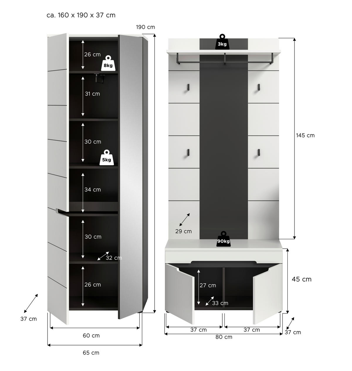 GARDEROBE 3-teilig  in 160/190/37 cm  - Weiß/Grau, Basics, Holzwerkstoff (160/190/37cm) - Livetastic