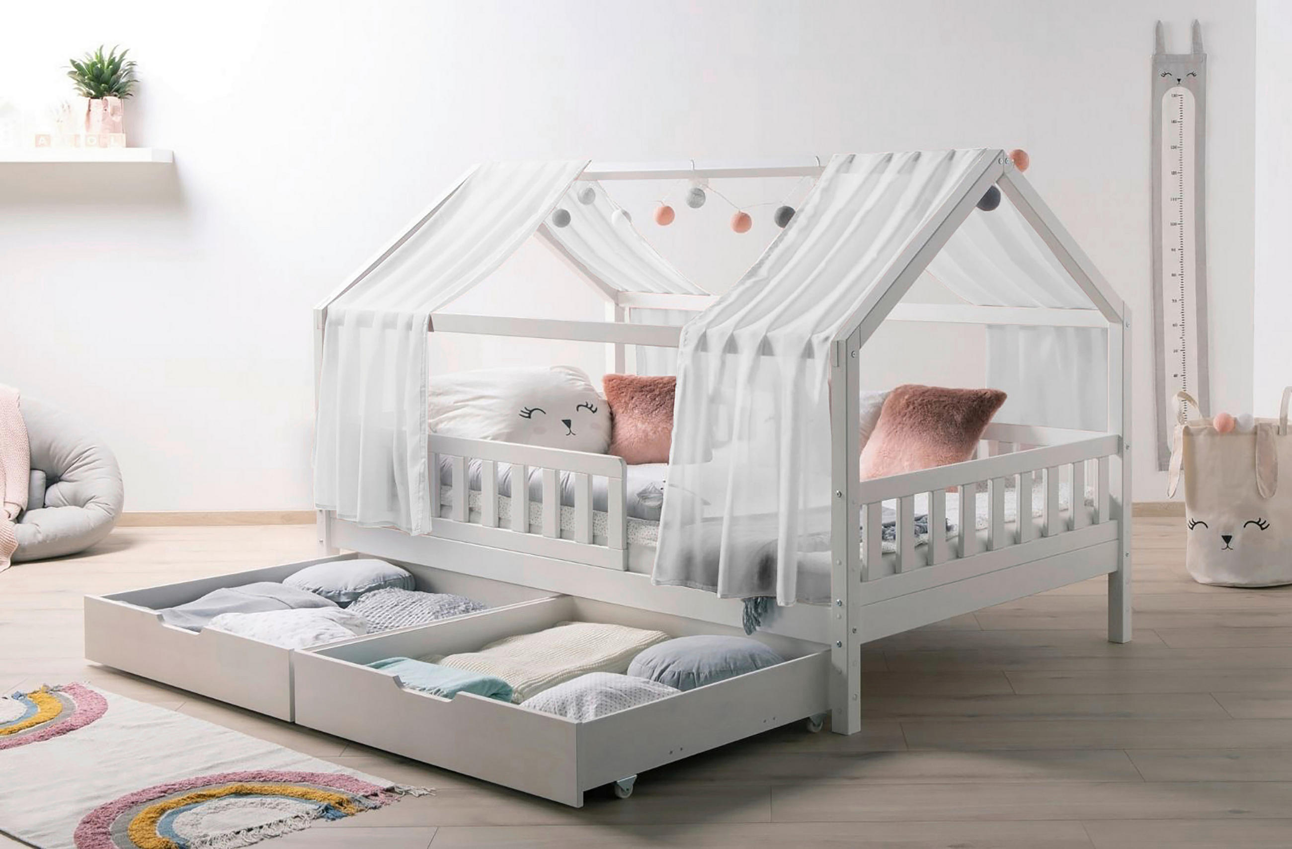 HAUSBETT 100/200 cm,  in Weiß  - Naturfarben/Weiß, MODERN, Holz/Textil (100/200cm) - MID.YOU