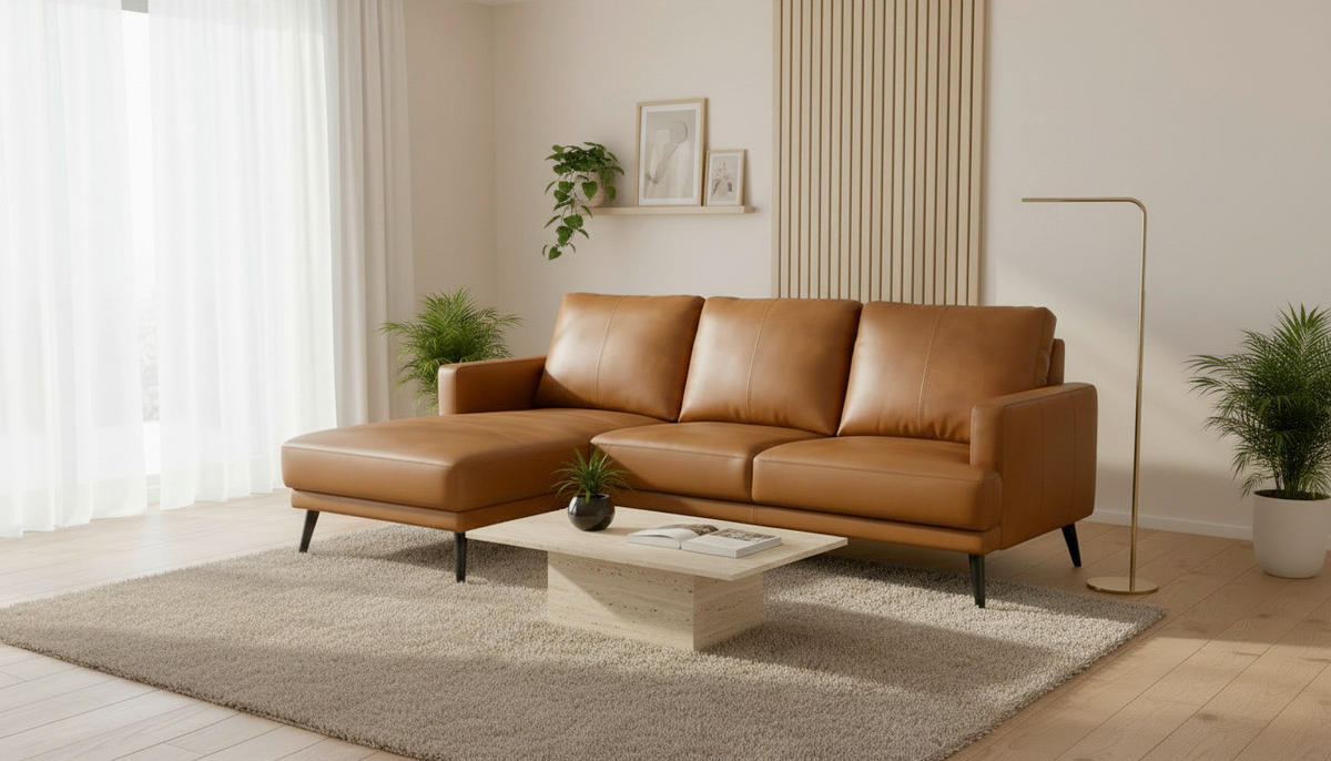 ECKSOFA ELANO Cognac Echtleder Lederlook  - Cognac/Schwarz, Design, Leder/Textil (153/231cm) - Livetastic