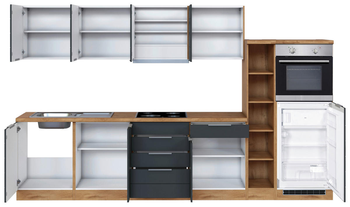 KÜCHENBLOCK 330 cm   in Grau, Eiche Wotan  - Eiche Wotan/Grau, Design, Holzwerkstoff/Metall (330cm) - Held