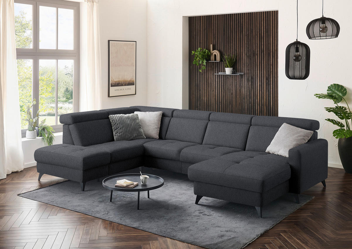 WOHNLANDSCHAFT Flachgewebe Anthrazit  - Anthrazit/Schwarz, Konventionell, Textil/Metall (215/333/174cm) - Beldomo System