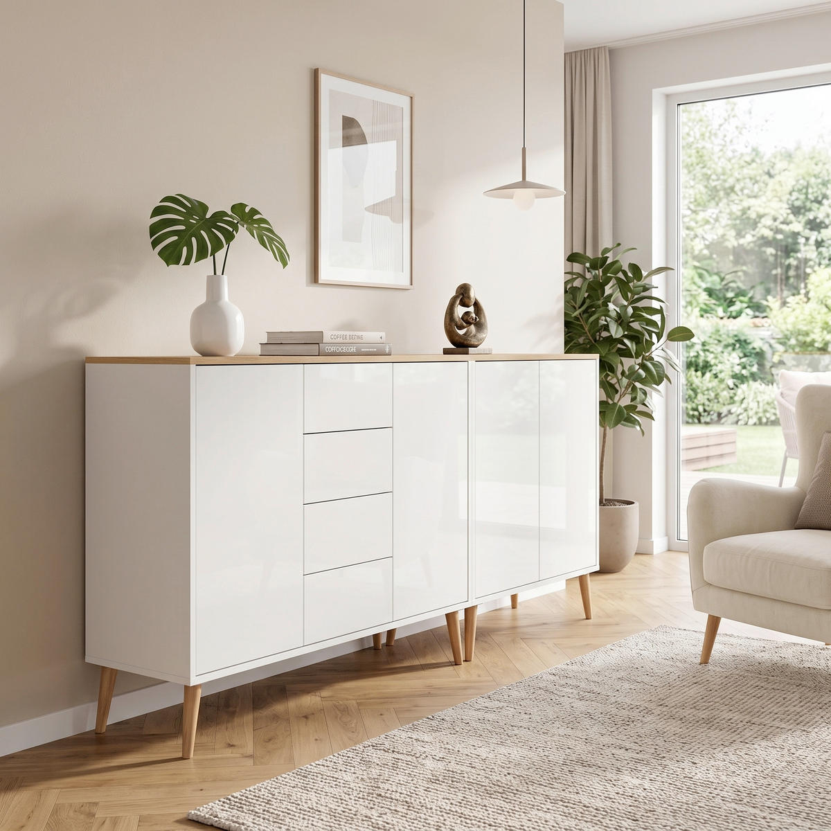 SIDEBOARD Mailand Set 15 + HF 185/86/33 cm 4 Schublade(n)  - Weiß Hochglanz/Eiche Artisan, MODERN, Holz/Holzwerkstoff (185/86/33cm) - MID.YOU