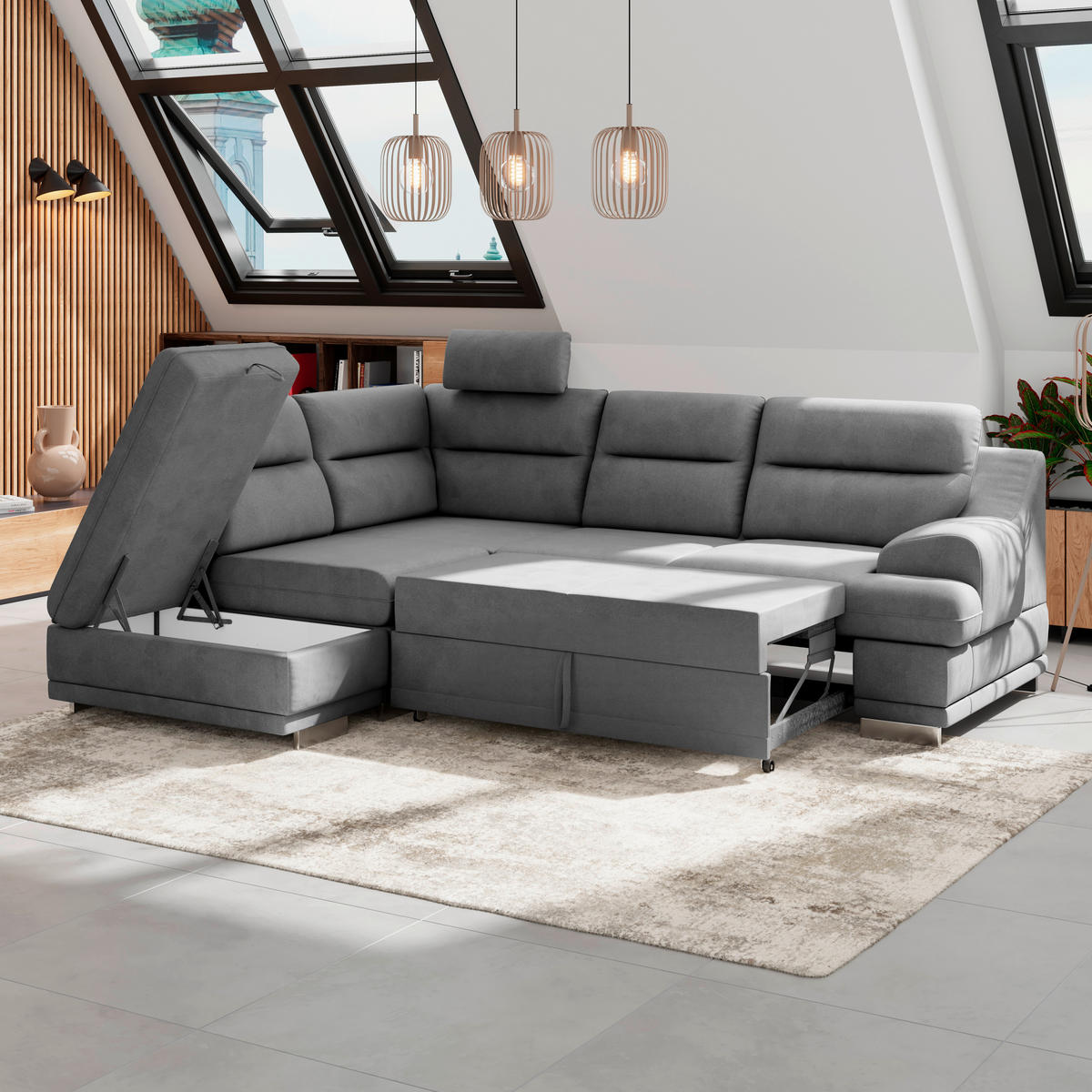 WOHNLANDSCHAFT in Velours Dunkelgrau  - Chromfarben/Dunkelgrau, Konventionell, Textil/Metall (217/264cm) - MID.YOU