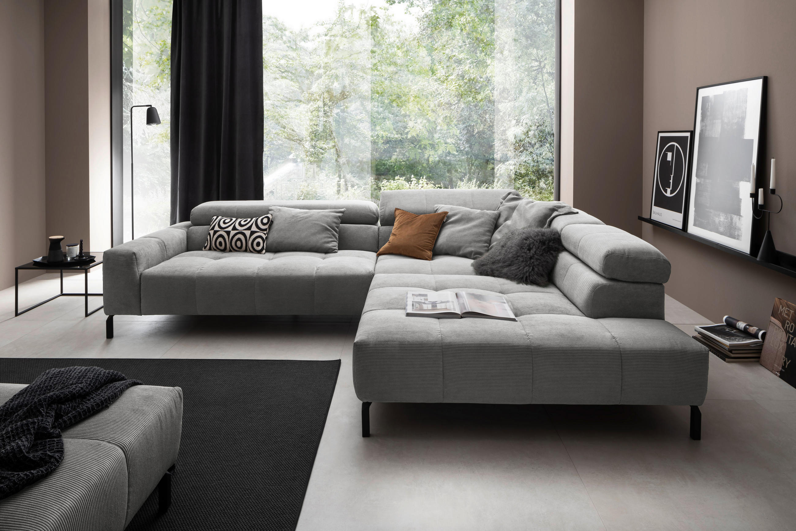 ECKSOFA Dunkelgrau Cord  - Dunkelgrau/Schwarz, KONVENTIONELL, Textil/Metall (311/219cm) - Hom`in