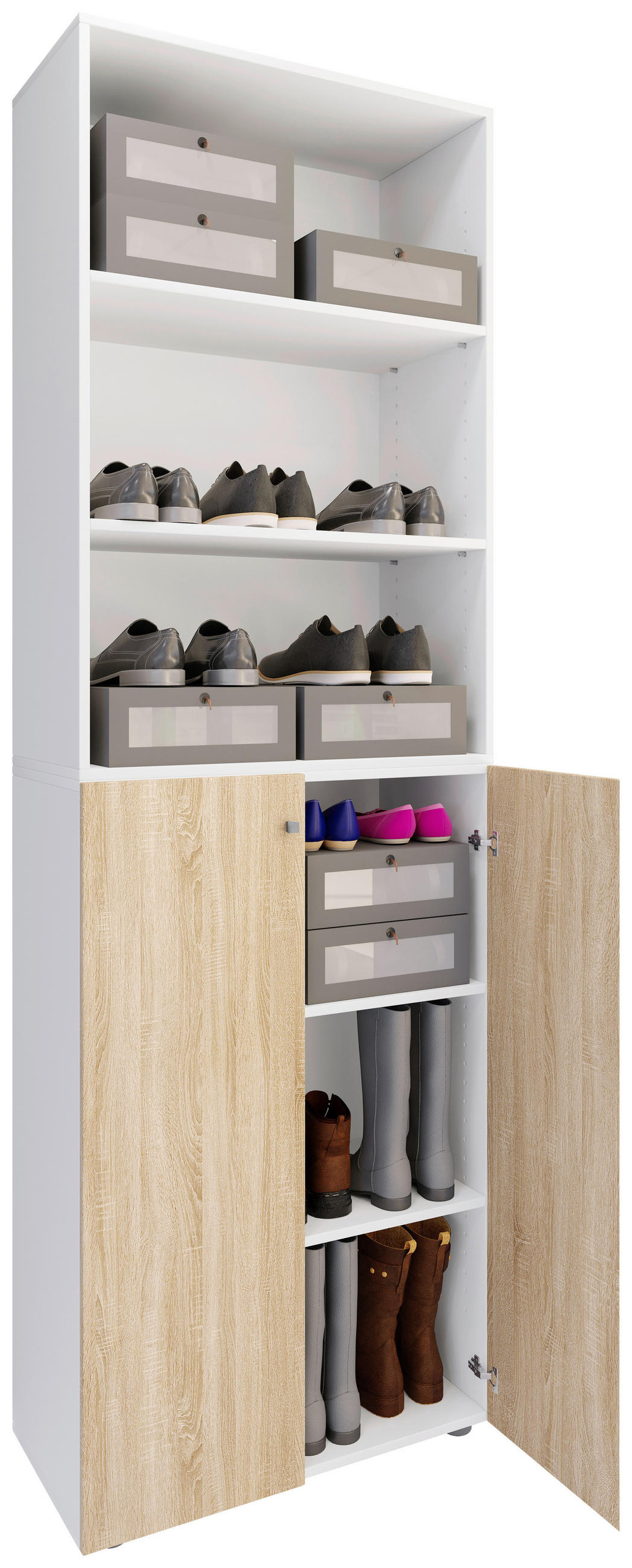 SCHUHSCHRANK Weiß, Sonoma Eiche  - Silberfarben/Schwarz, Design, Holzwerkstoff/Kunststoff (70/220/40cm) - MID.YOU