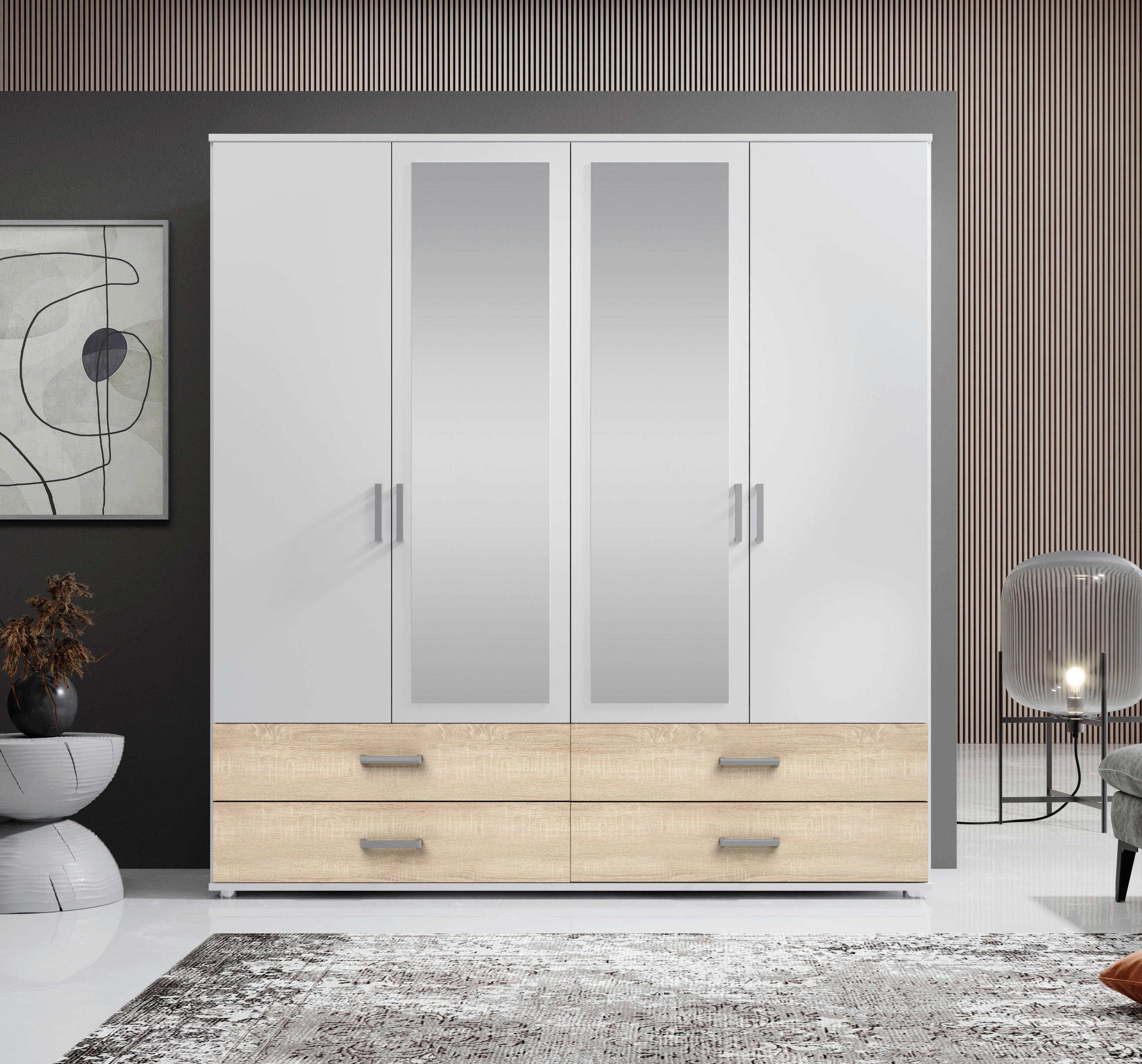 KLEIDERSCHRANK 180/190/51 cm 4-türig Weiß, Sonoma Eiche  - Silberfarben/Weiß, Basics, Glas/Holzwerkstoff (180/190/51cm) - Carryhome