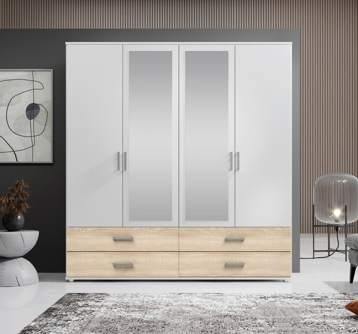 KLEIDERSCHRANK 180/190/51 cm 4-türig Weiß, Sonoma Eiche  - Silberfarben/Weiß, Basics, Glas/Holzwerkstoff (180/190/51cm) - Carryhome