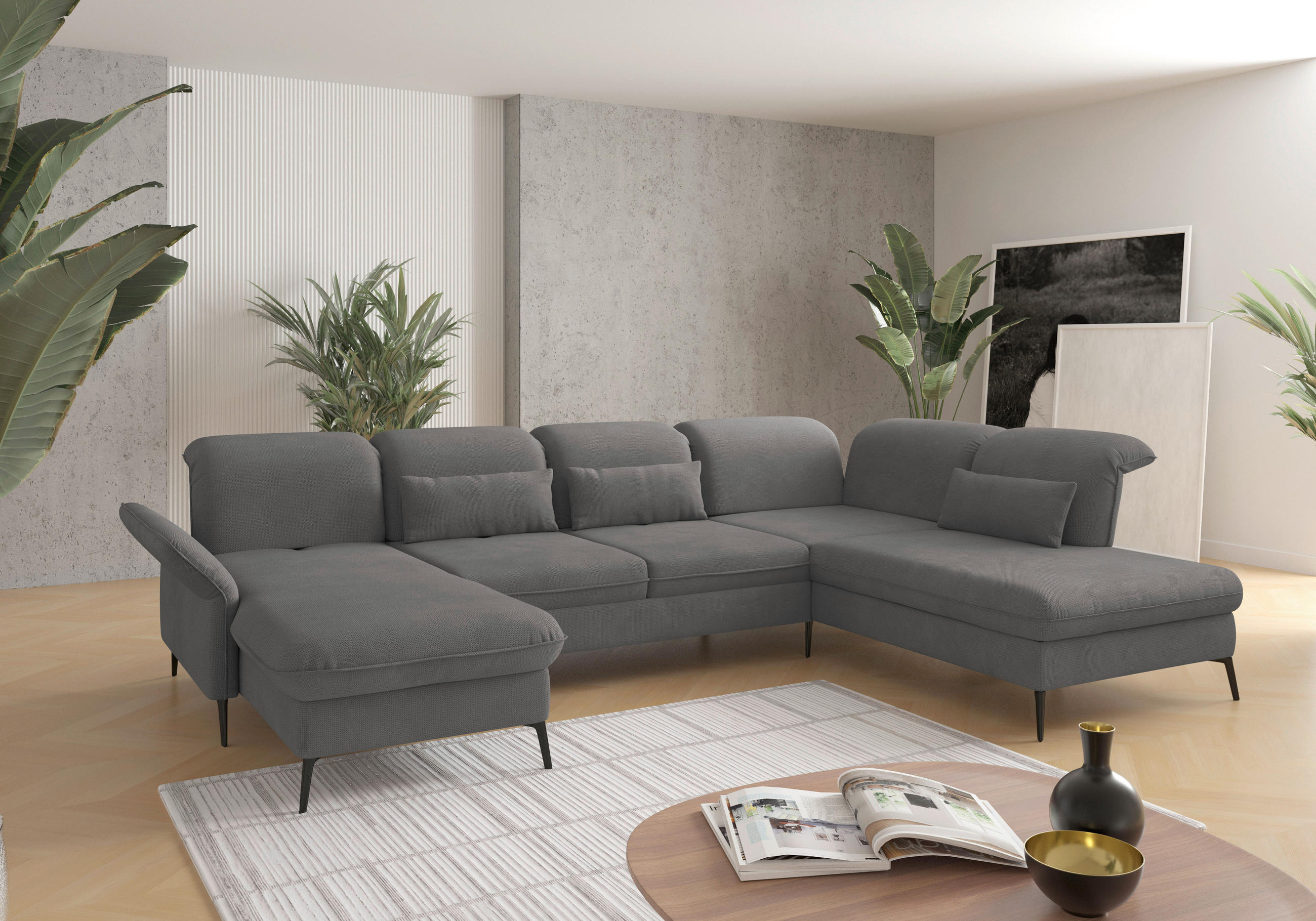 WOHNLANDSCHAFT Grau Flachgewebe  - Schwarz/Grau, KONVENTIONELL, Textil/Metall (198/359/231cm) - Sit & More