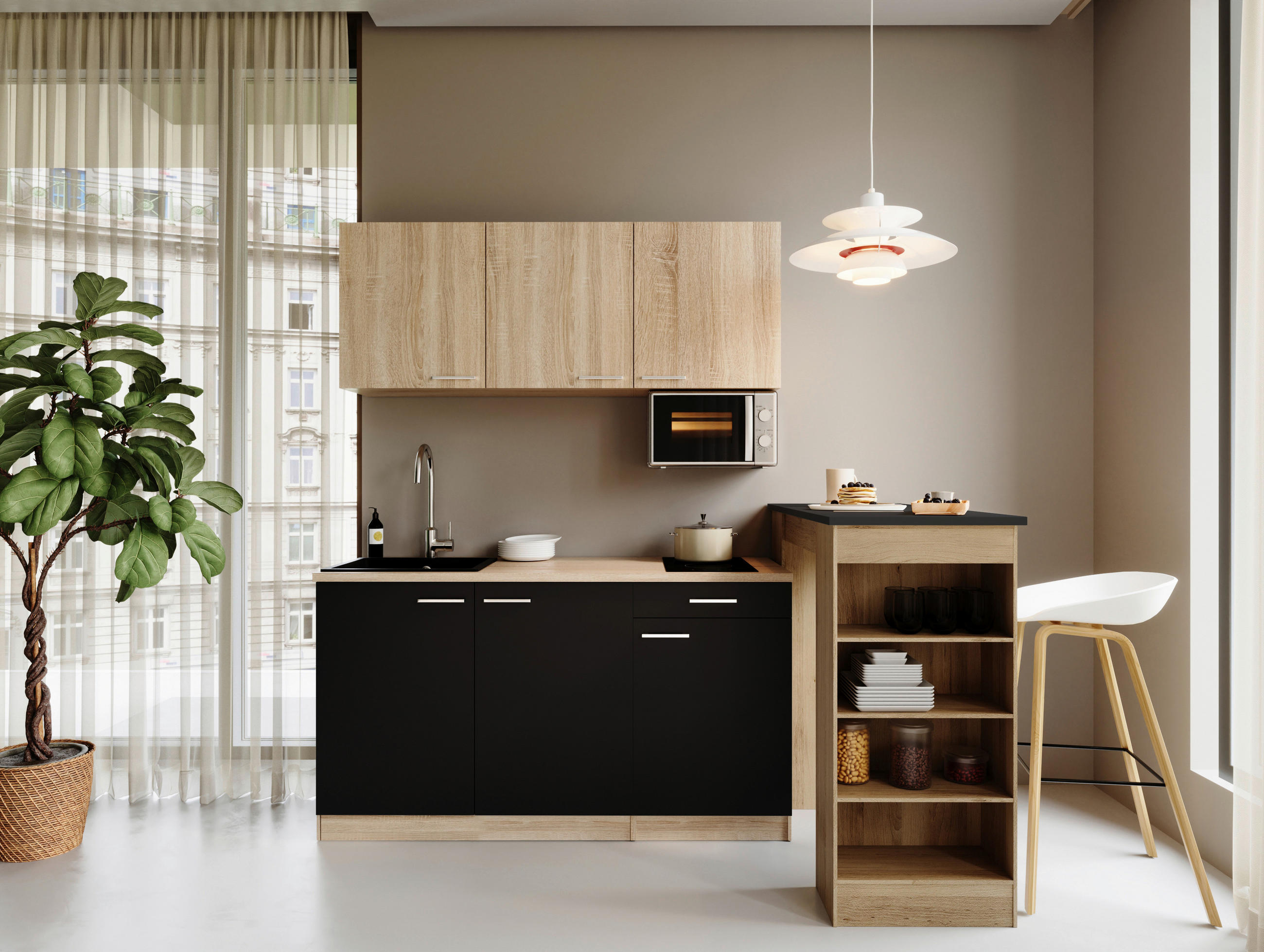 MAJHNA KUHINJA - črna/barve hrasta, Design, umetna masa/leseni material (150cm) - Respekta