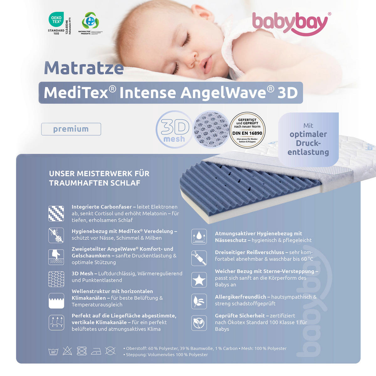 BEISTELLBETTMATRATZE babybay® Matratze MediTex® Intense AngelWave® 3D  - Multicolor, Basics, Naturmaterialien (105/57,5/6cm) - Babybay