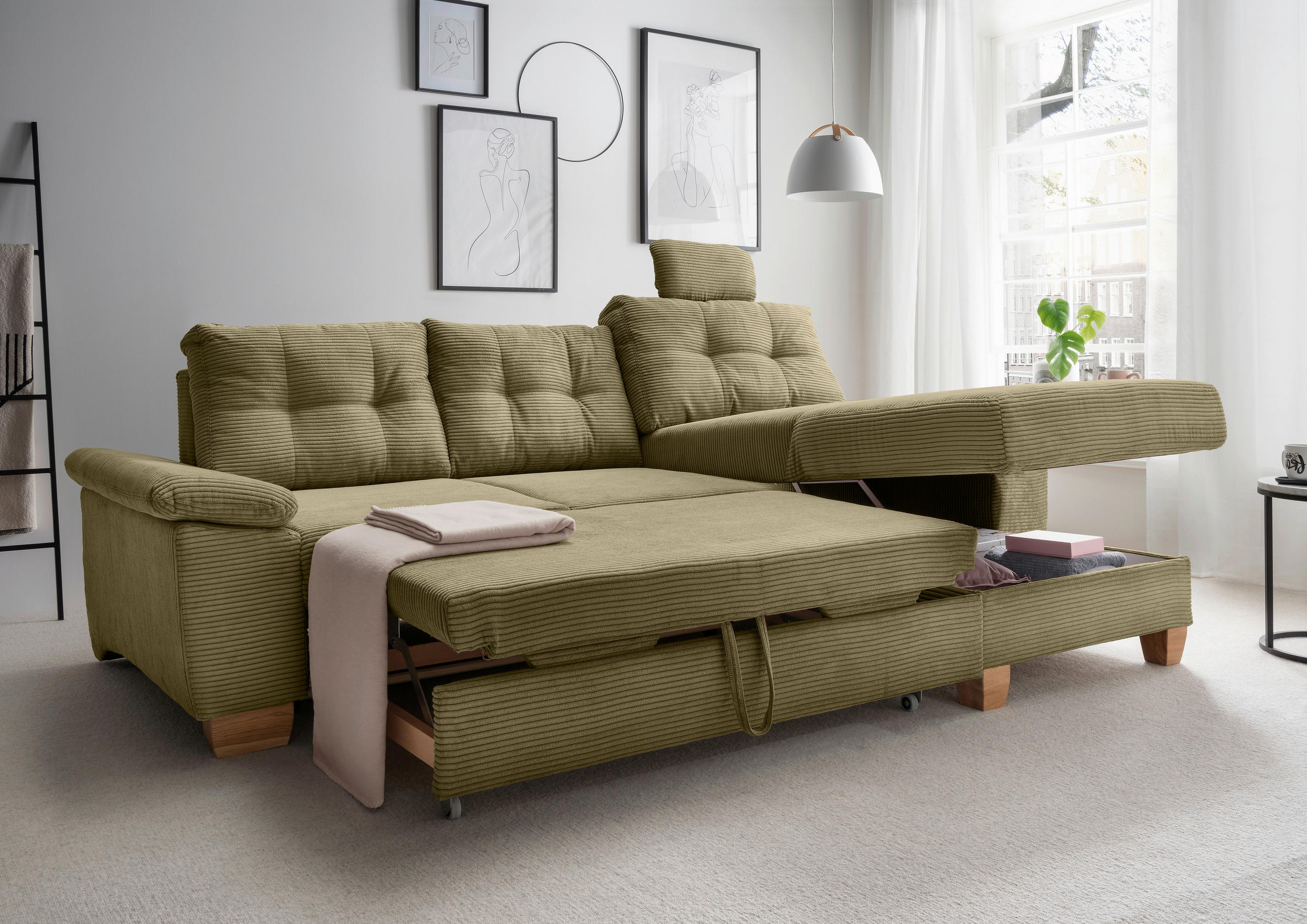 ECKSOFA in Cord Olivgrün  - Naturfarben/Olivgrün, Modern, Holz/Textil (270/176cm) - Livetastic