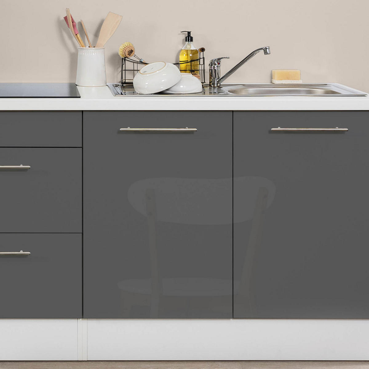 KÜCHENBLOCK 270 cm   in Grau, Weiss  - Weiss/Edelstahlfarben, Konventionell, Holzwerkstoff/Metall (270cm) - Respekta