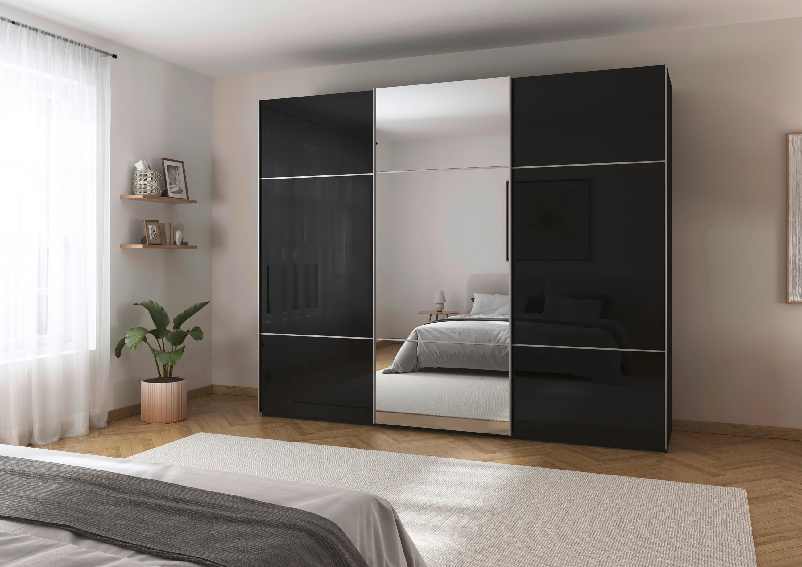SCHWEBETÜRENSCHRANK 301/223/68 cm 3-türig Schwarz  - Alufarben/Schwarz, KONVENTIONELL, Glas/Holzwerkstoff (301/223/68cm) - Novel