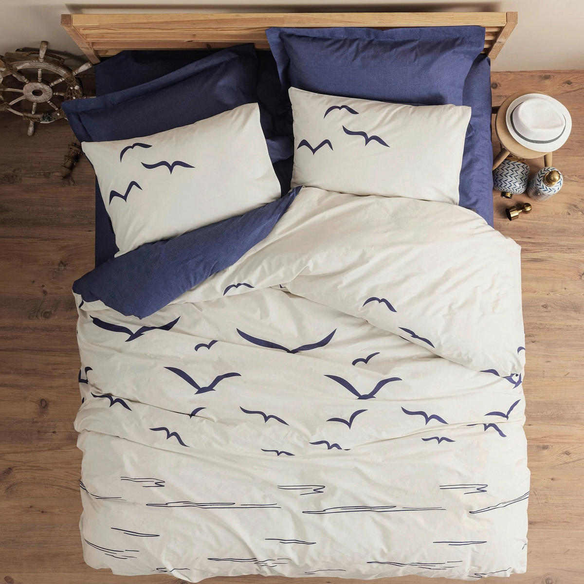 BETTWÄSCHE 155/220 cm  - Weiß/Dunkelblau, Basics, Textil (155/220cm)