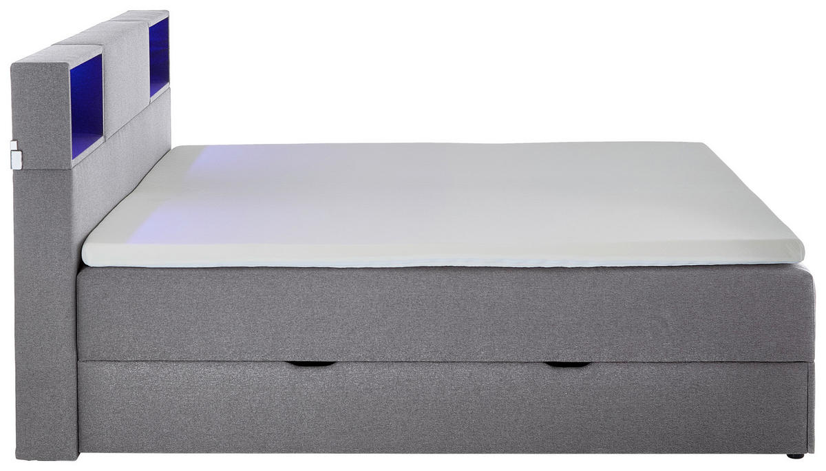 BOXSPRINGBETT 160/200 cm,  in Hellgrau, Beleuchtung, Bettkasten, Topper, Matratze, H3 = fest  - Hellgrau/Schwarz, Design, Holz/Textil (160/200cm) - Xora