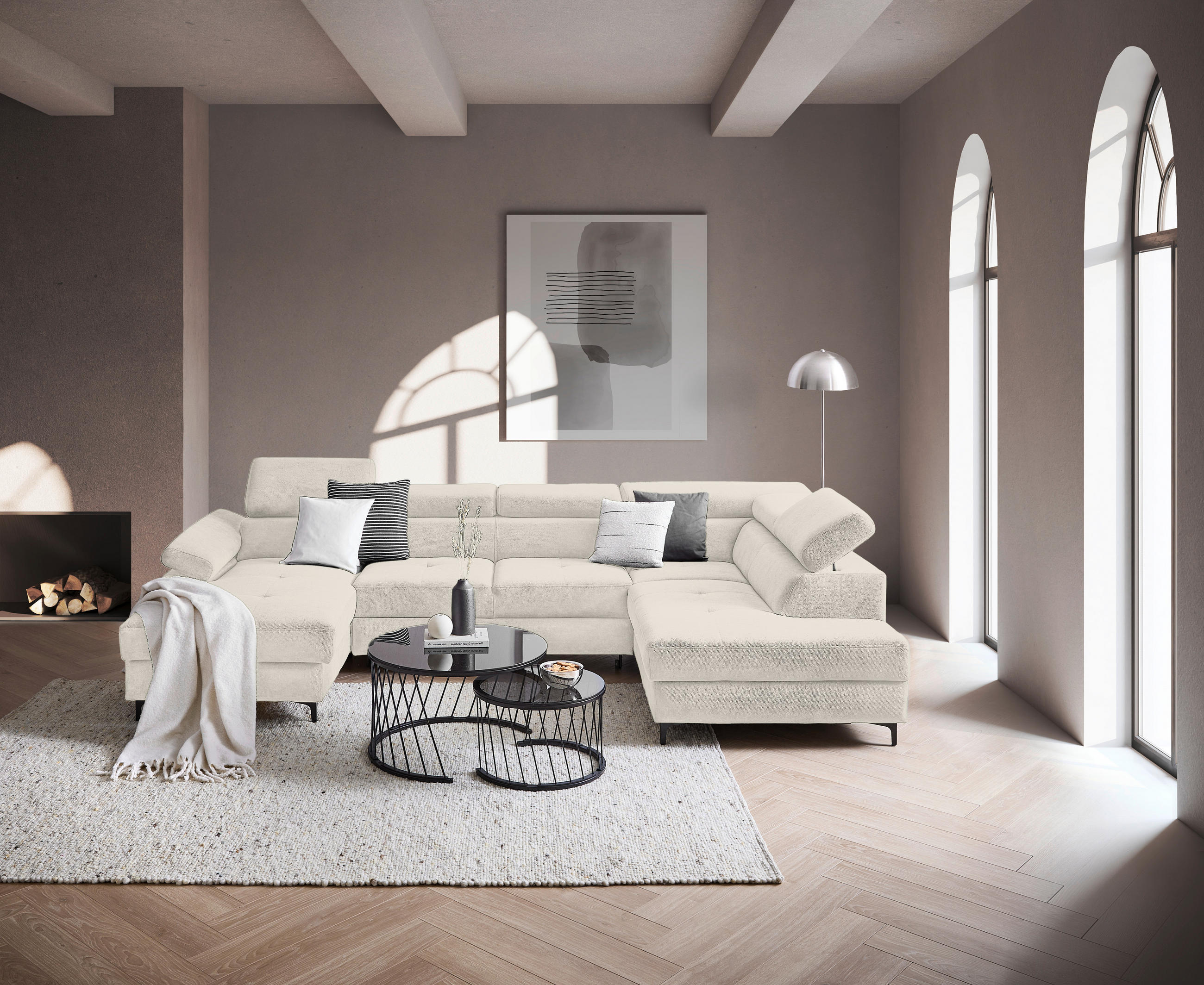 SOFFA i flatväv beige  - beige/svart, Modern, metall/textil (180/333/206cm) - Livetastic