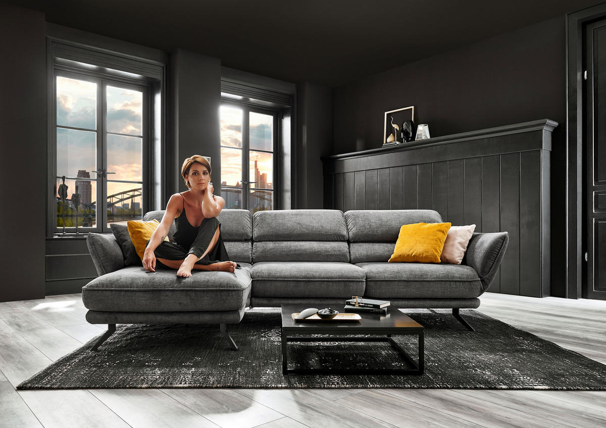 ECKSOFA in Velours Silberfarben  - Silberfarben/Schwarz, Design, Textil/Metall (153/283cm) - Valdera