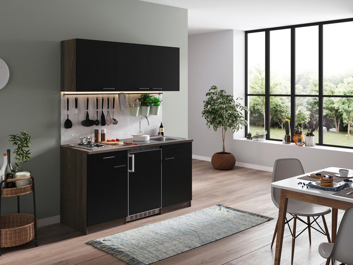 MINIKÜCHE 150 cm   in Schwarz  - Eichefarben/Alufarben, Basics, Holzwerkstoff/Kunststoff (150cm) - Respekta