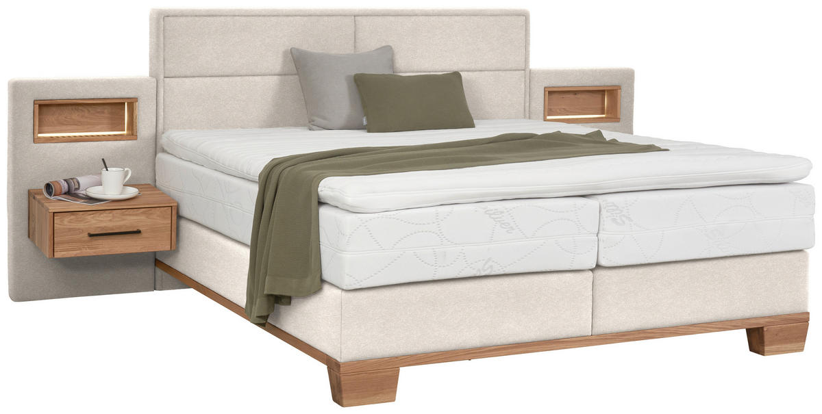 BOXSPRINGBETT 180/200 cm,  in Naturfarben, Eichefarben, Matratze, Topper, unterschiedliche Matratzenhärtegrade je Bettseite, H3 + H4 = fest + sehr fest  - Eichefarben/Naturfarben, Natur, Holz/Textil (180/200cm) - Valnatura