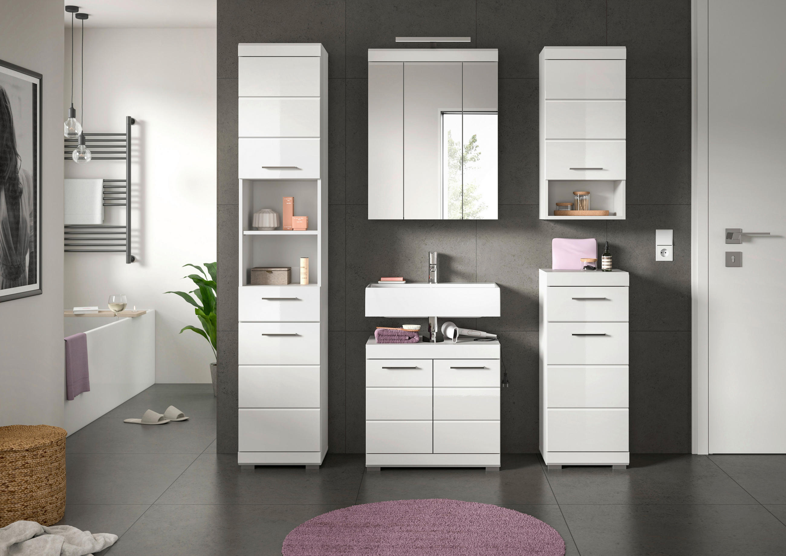 BADEZIMMER 5-teilig  in 134 cm  - Weiß Hochglanz/Silberfarben, MODERN, Glas/Holzwerkstoff (134cm) - MID.YOU