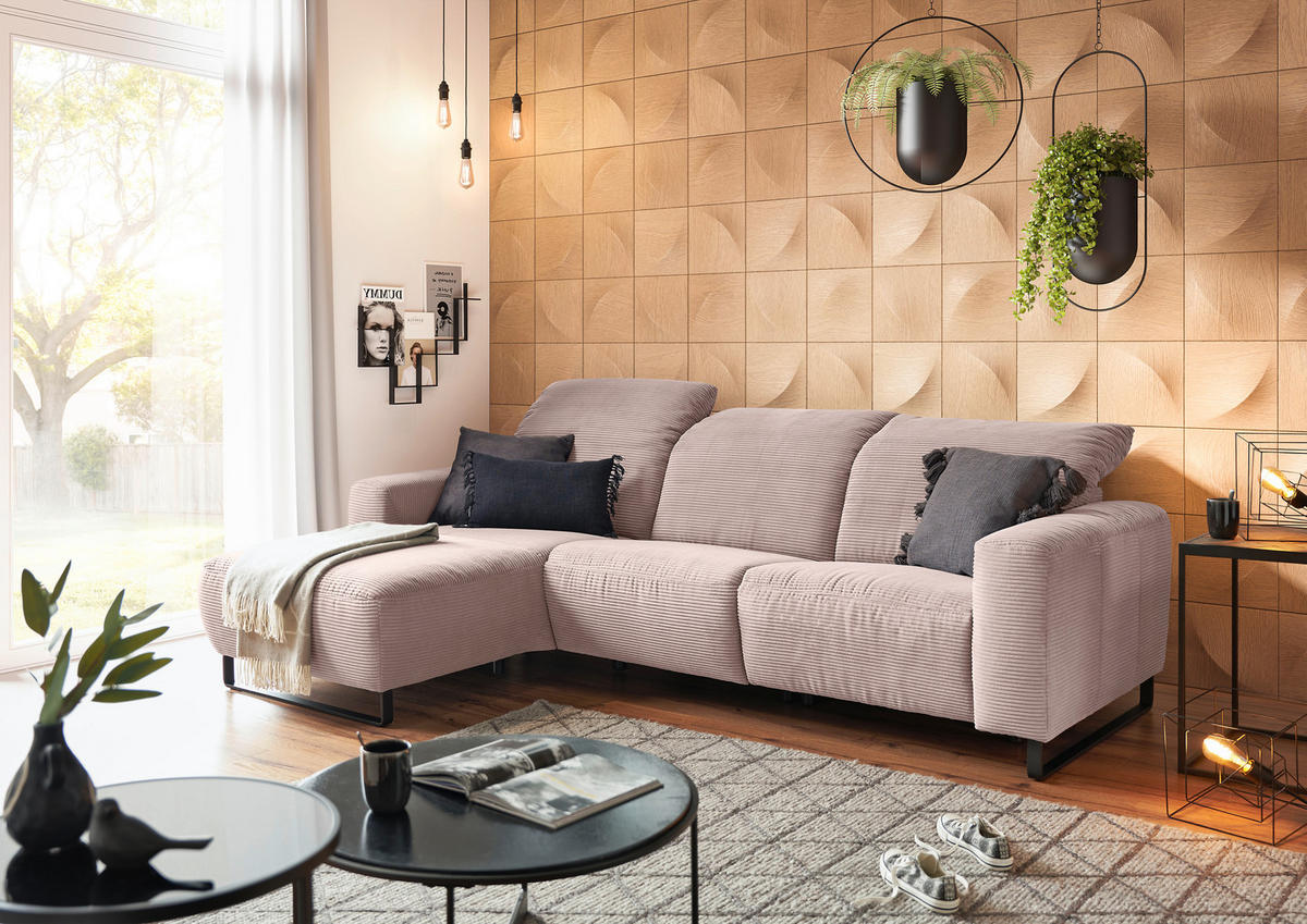 ECKSOFA in Cord Rosa  - Schwarz/Rosa, Konventionell, Textil/Metall (180/266cm) - Hom`in