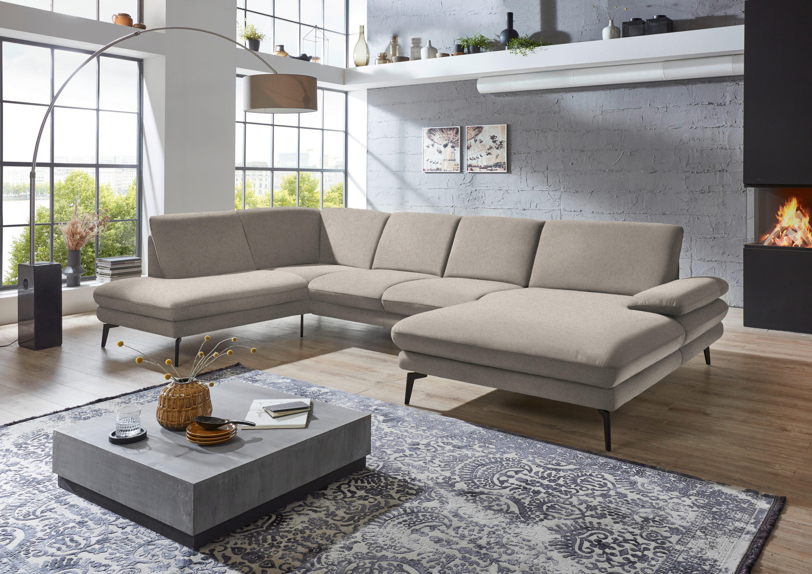 WOHNLANDSCHAFT Hellbraun Webstoff  - Hellbraun/Schwarz, Design, Textil/Metall (208/344/180cm) - Dieter Knoll