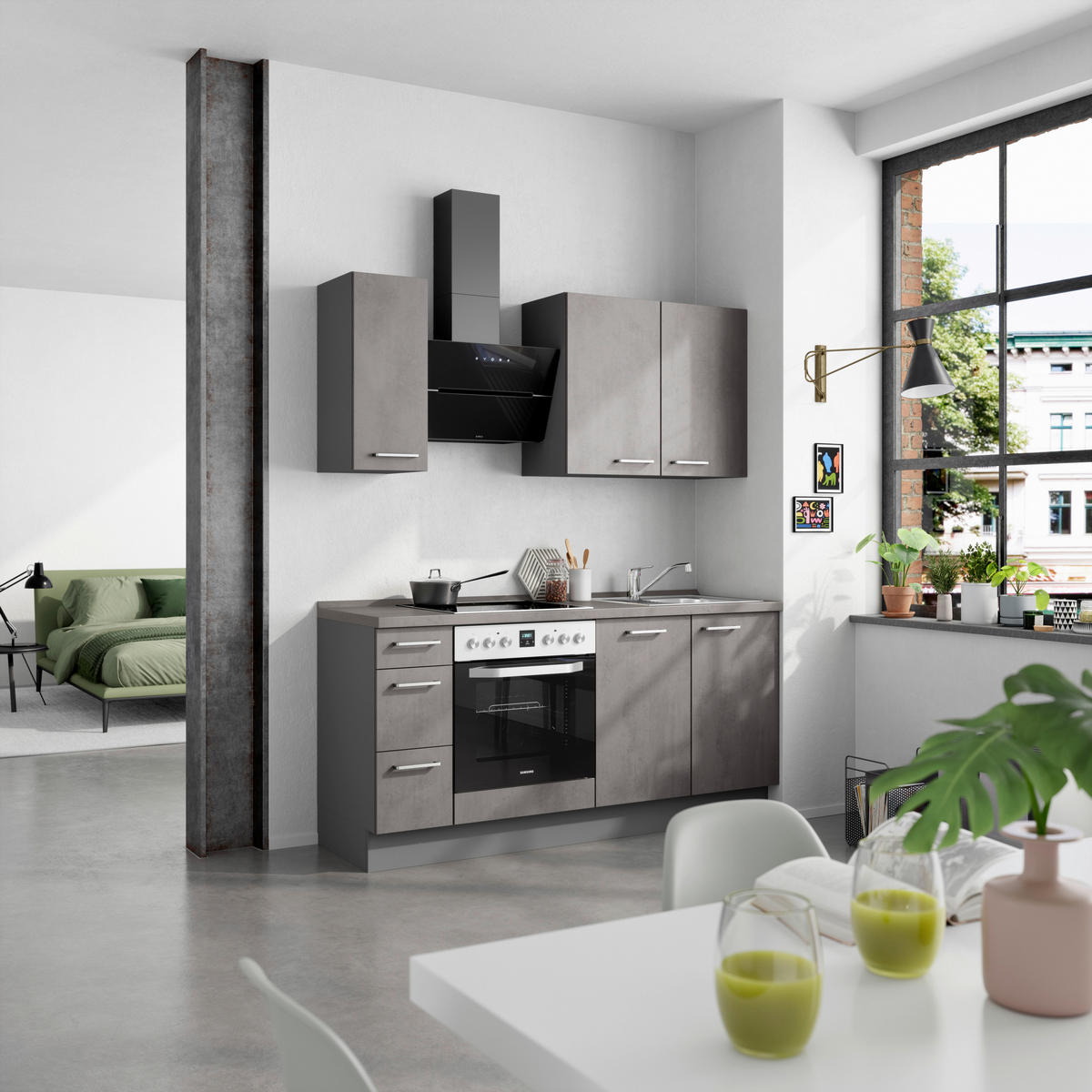 KÜCHENBLOCK 180 cm   in Schieferfarben  - Schieferfarben/Edelstahlfarben, MODERN, Holzwerkstoff/Metall (180cm) - Nobilia