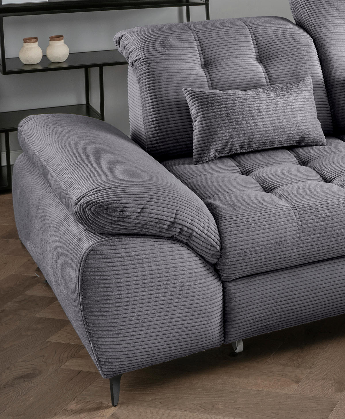 ECKSCHLAFSOFA in Cord Grau  - Schwarz/Grau, Modern, Textil/Metall (273/189cm) - Livetastic