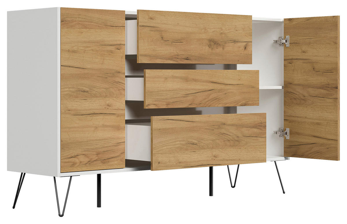 SIDEBOARD Posseik Industrial 155/93,6/42 cm 3 Schublade(n)  - Eichefarben/Weiß Hochglanz, Design, Holzwerkstoff/Metall (155/93,6/42cm) - P & B
