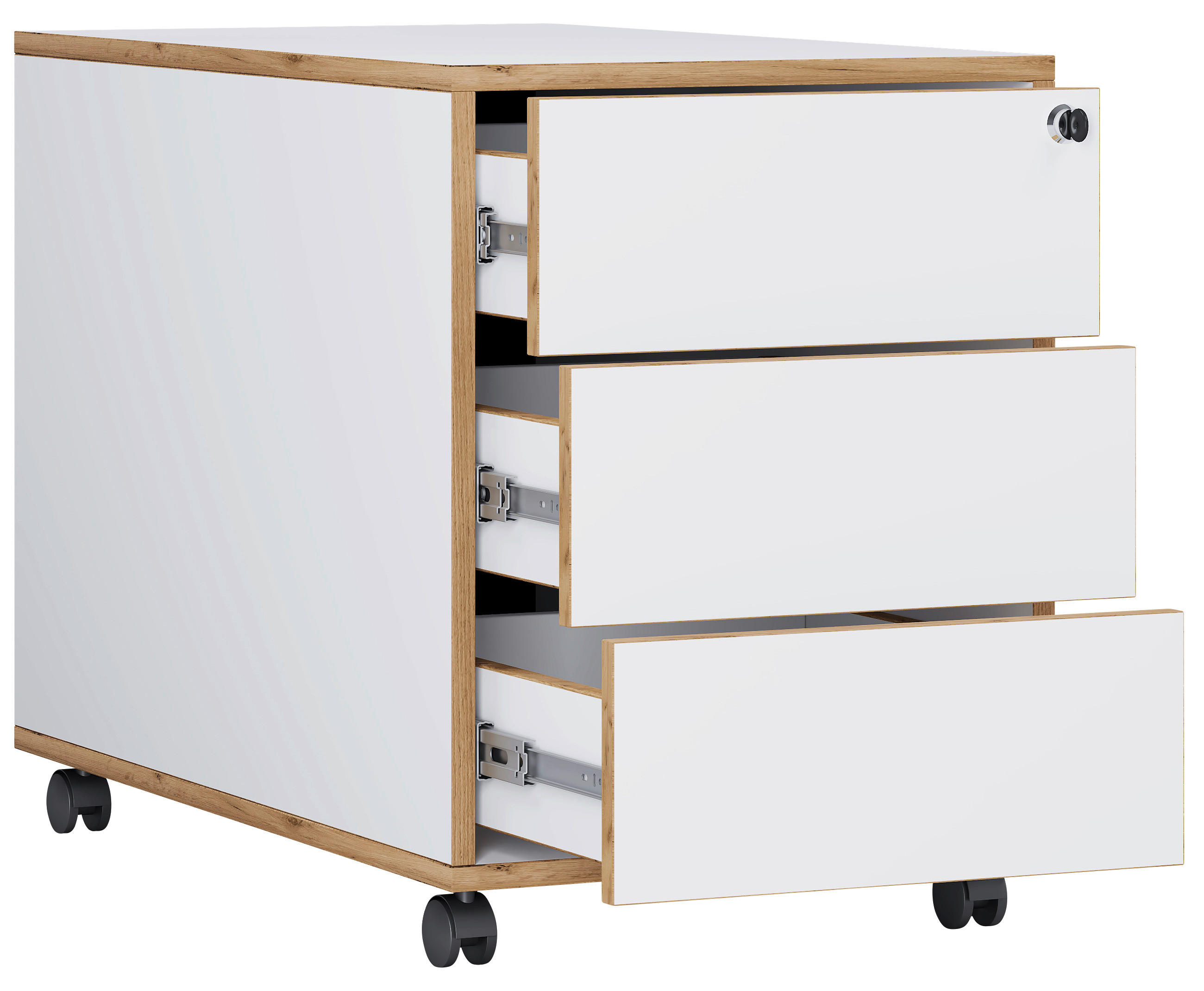 ROLLCONTAINER Weiß, Honigeiche  - Honigeiche/Schwarz, Design, Holzwerkstoff/Kunststoff (42/50/70cm) - MID.YOU