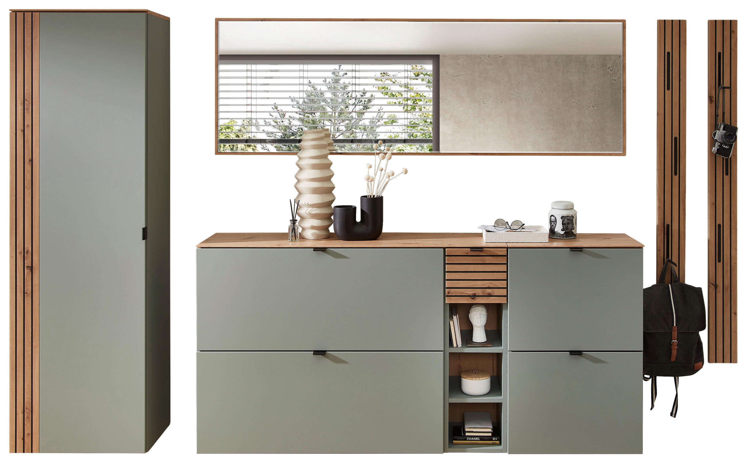 Voleo PŘEDSÍŇOVÁ STĚNA, šalvějově zelená, dub artisan, 261/179/37 cm