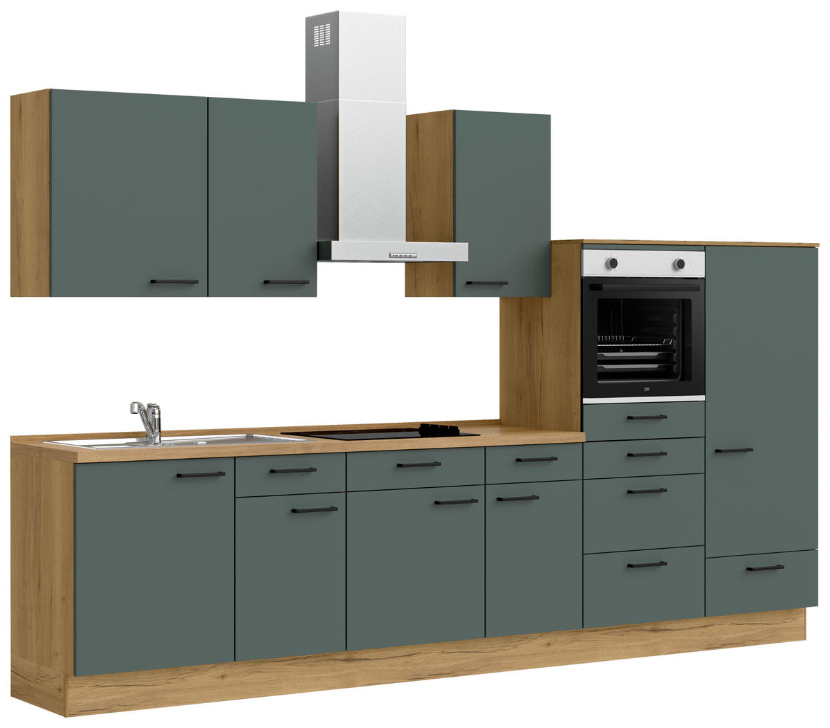 KÜCHENBLOCK 330 cm   in Eichefarben, Dunkelgrün  - Dunkelgrün/Eichefarben, MODERN, Holzwerkstoff/Metall (330cm) - Nobilia