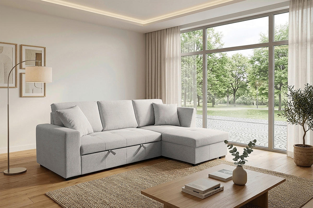 ECKSOFA LUKAS Creme Struktur Zierkissen, Bettkasten  - Creme, Trend, Textil (239/158cm) - P & B