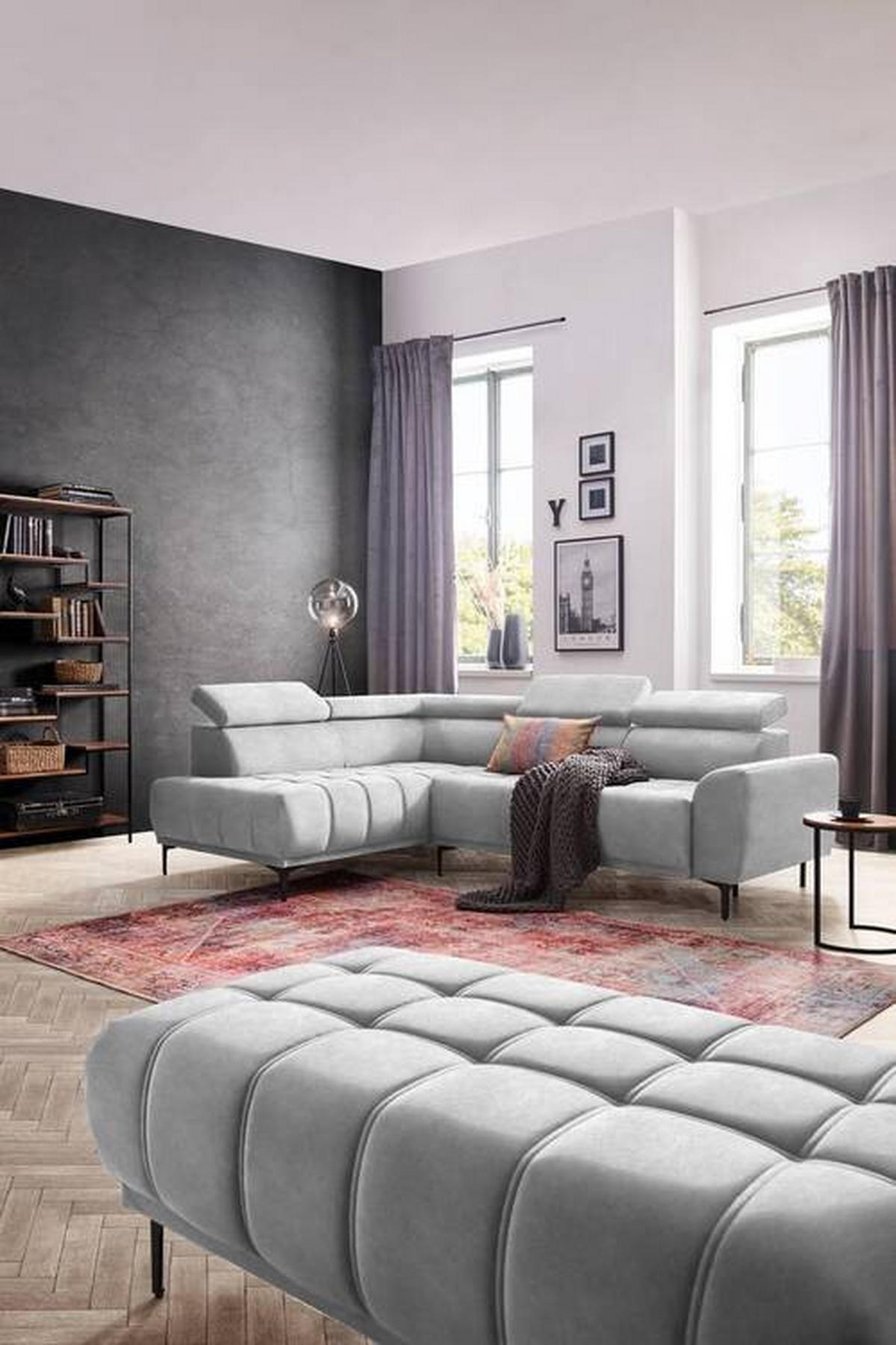 ECKSOFA in Velours Hellgrau  - Hellgrau/Schwarz, Design, Textil/Metall (191/261cm) - Stylife