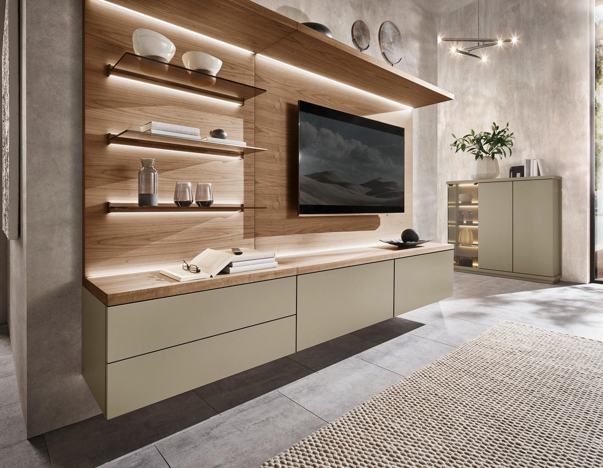 WOHNWAND  in Nussbaumfarben, Taupe 270/182/46 cm  - Taupe/Nussbaumfarben, Design, Glas/Holz (270/182/46cm) - Emilio Belluti