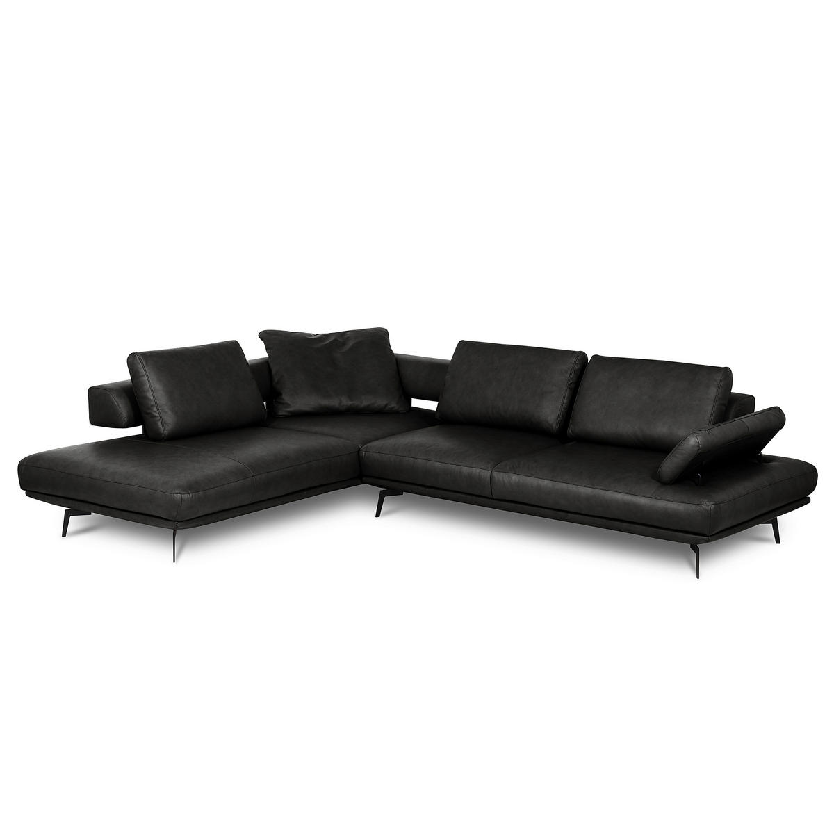ECKSOFA Schwarz Echtleder  - Schwarz/Grau, Design, Leder/Metall (237/306cm) - Livetastic