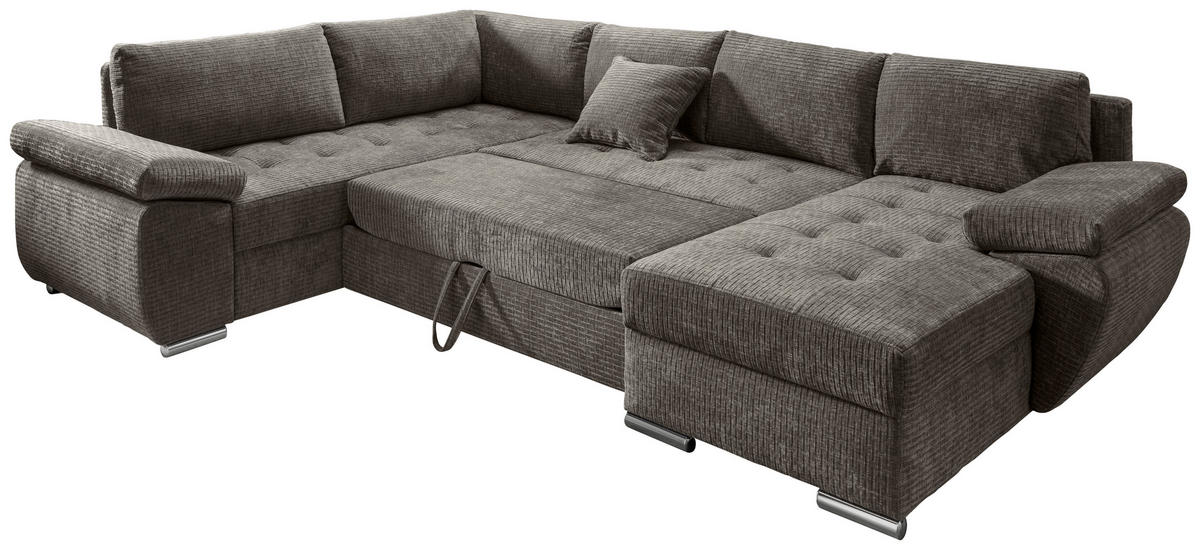 Wohnlandschaft in Mikrofaser Graubraun  - Chromfarben/Graubraun, KONVENTIONELL, Textil (219/305/157cm) - Livetastic