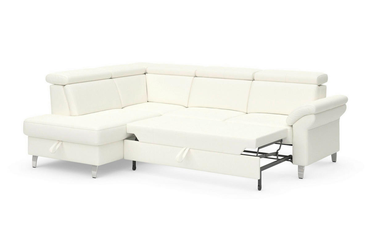 ECKSOFA 194/245 cm ARNGAST E in Echtleder Weiß Bettkasten, Kopfteilverstellung, Liegefläche im Originalstoff  194/245 cm  - Chromfarben/Weiß, Basics, Leder/Metall (194/245cm) - Sit & More
