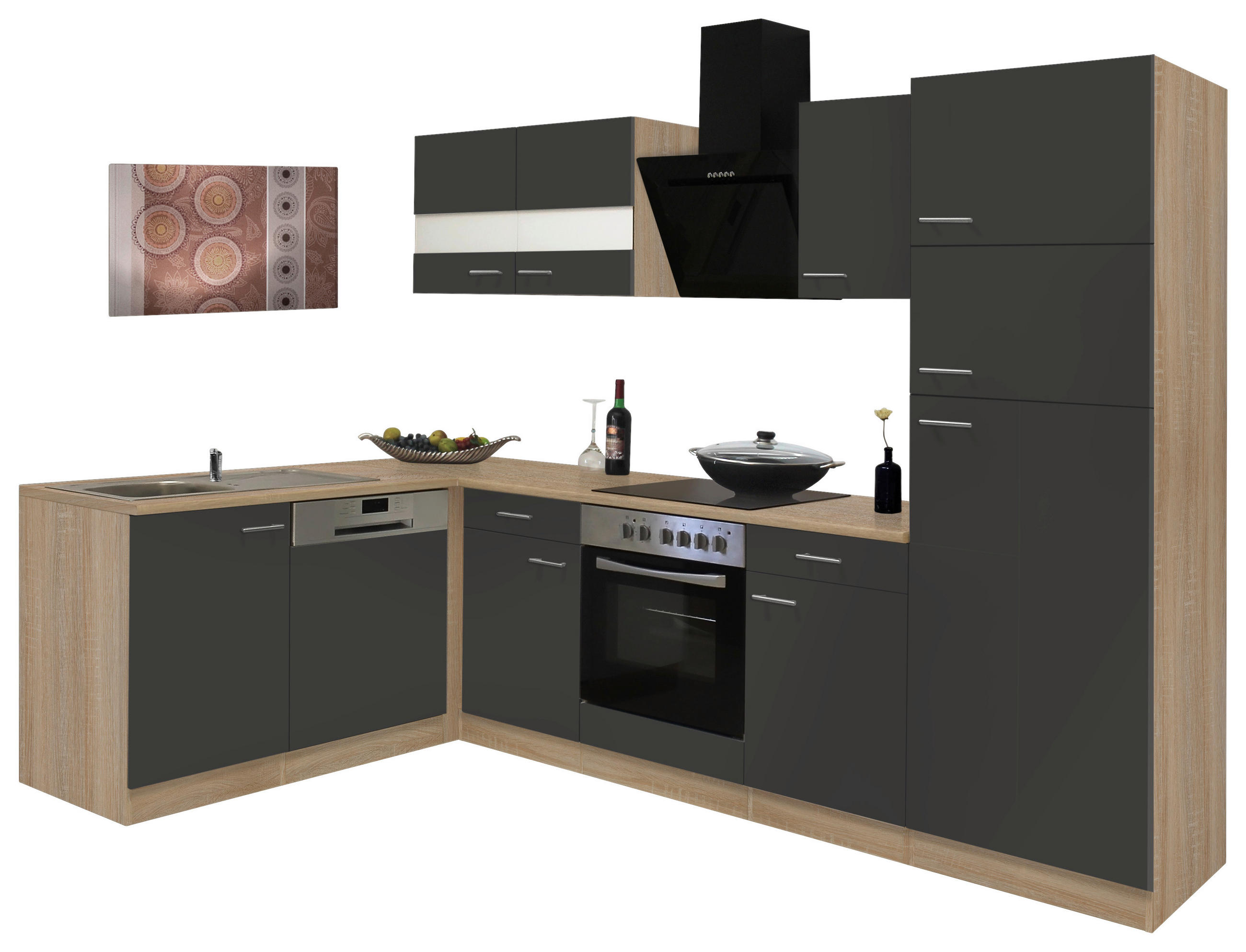 ECKKÜCHE 172/280 cm  in Grau, Eichefarben  - Eichefarben/Grau, Basics, Glas/Holzwerkstoff (172/280cm) - Respekta