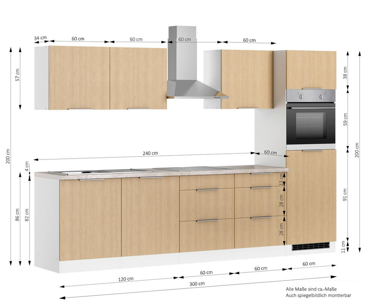 KÜCHENBLOCK 300 cm   in Weiss, Eichefarben  - Weiss/Eichefarben, Lifestyle, Holzwerkstoff/Metall (300cm) - Held