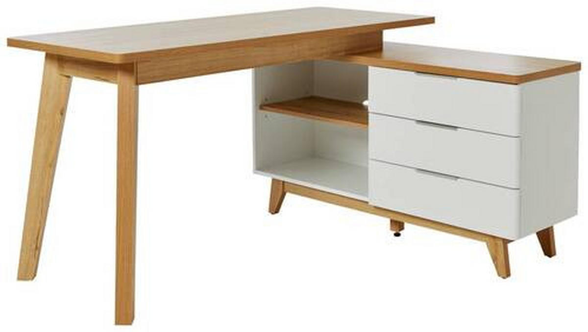 ECKSCHREIBTISCH 140/118/76 cm  in Weiß, Eichefarben  - Eichefarben/Alufarben, KONVENTIONELL, Holzwerkstoff/Metall (140/118/76cm) - Livetastic