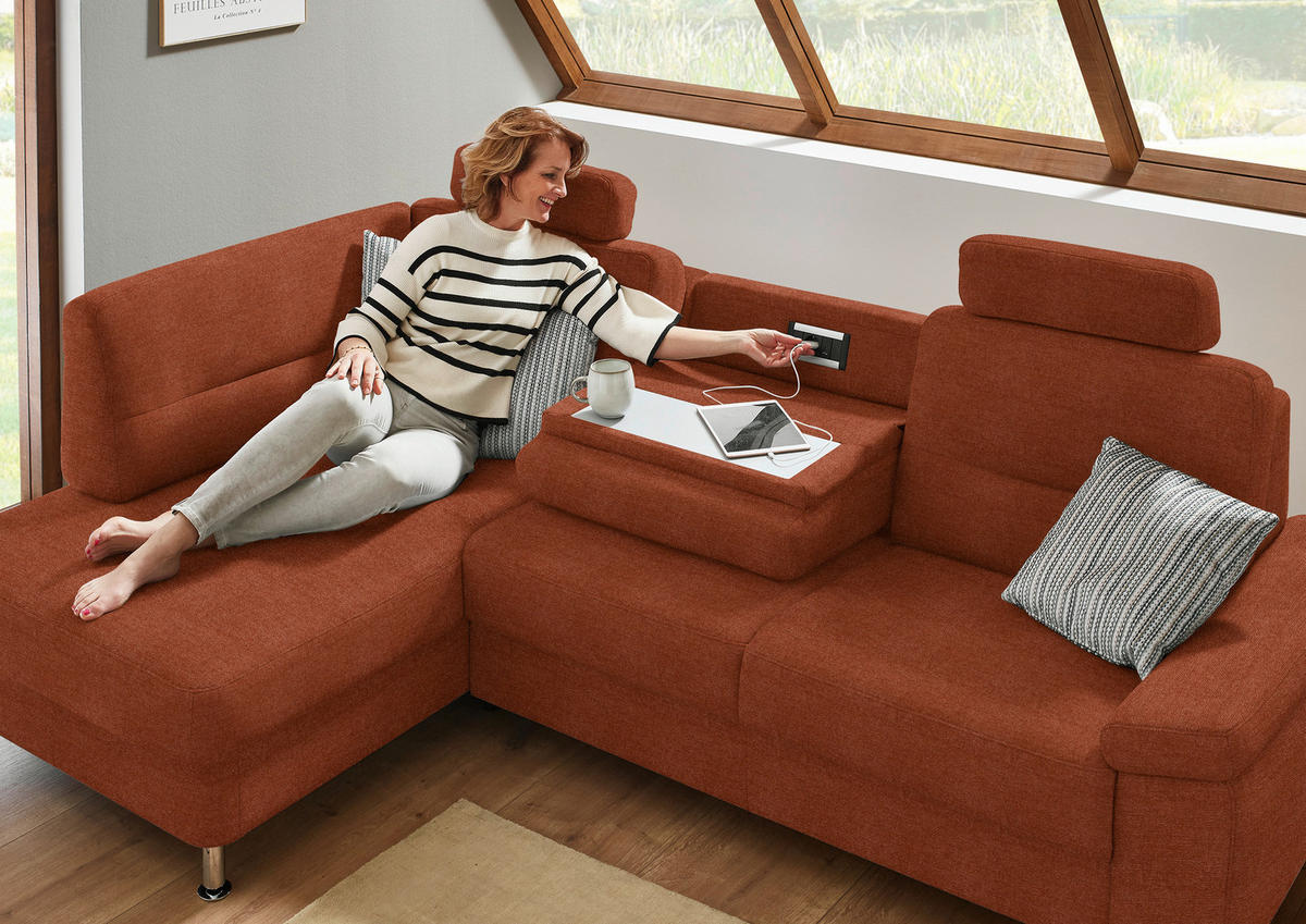 ECKSOFA  in Flachgewebe Terracotta  160/244 cm  - Terracotta/Alufarben, KONVENTIONELL, Textil/Metall (160/244cm) - Beldomo Comfort