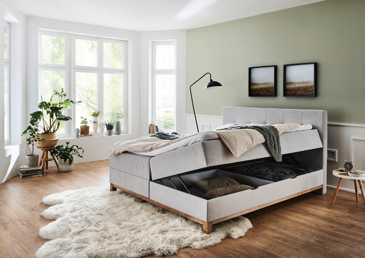 BOXBETT 180/200 cm,  in Hellgrau, Bettkasten, Topper, H3 + H3 = fest  - Eichefarben/Hellgrau, MODERN, Holz/Textil (180/200cm) - Livetastic
