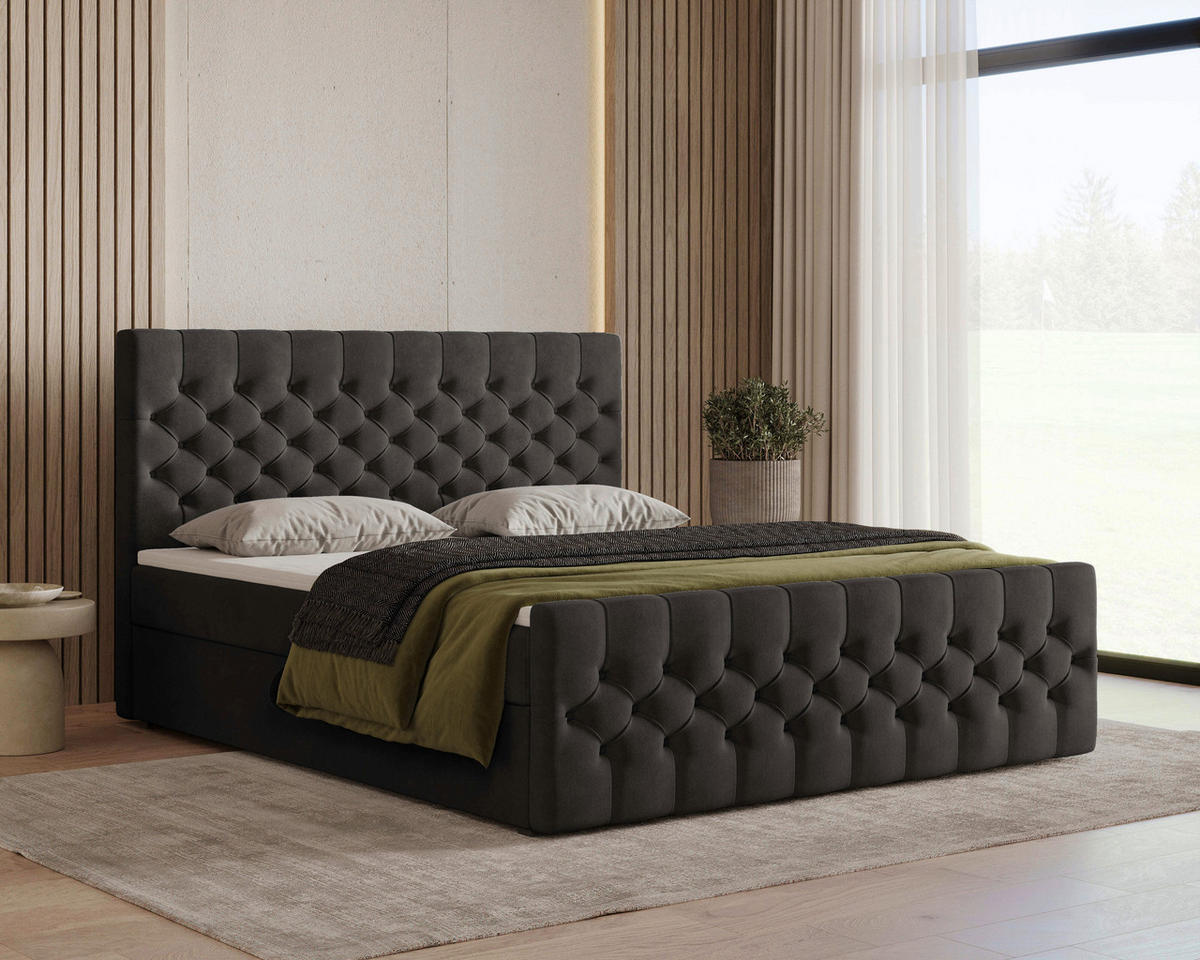 BOXBETT 140/200 cm,  in Schwarz, Matratze, Topper, H3 = fest  - Schwarz, KONVENTIONELL, Holz/Kunststoff (140/200cm) - Chameo